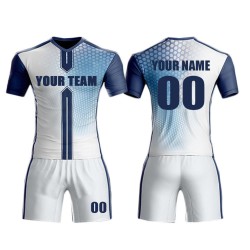 Custom sublimation white-navy football jerseys – children’s kit with custom names, dye-sublimation technology