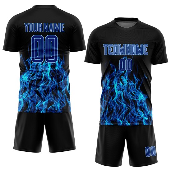 Blue Custom Flame Uniform Sublimation Royal-Light Black Jersey Soccer